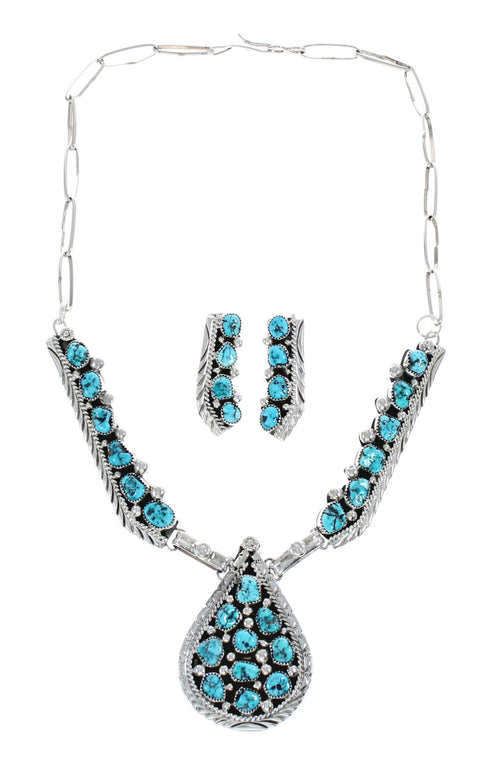 Turquoise Genuine Sterling Silver Navajo Link Necklace Set JX127051